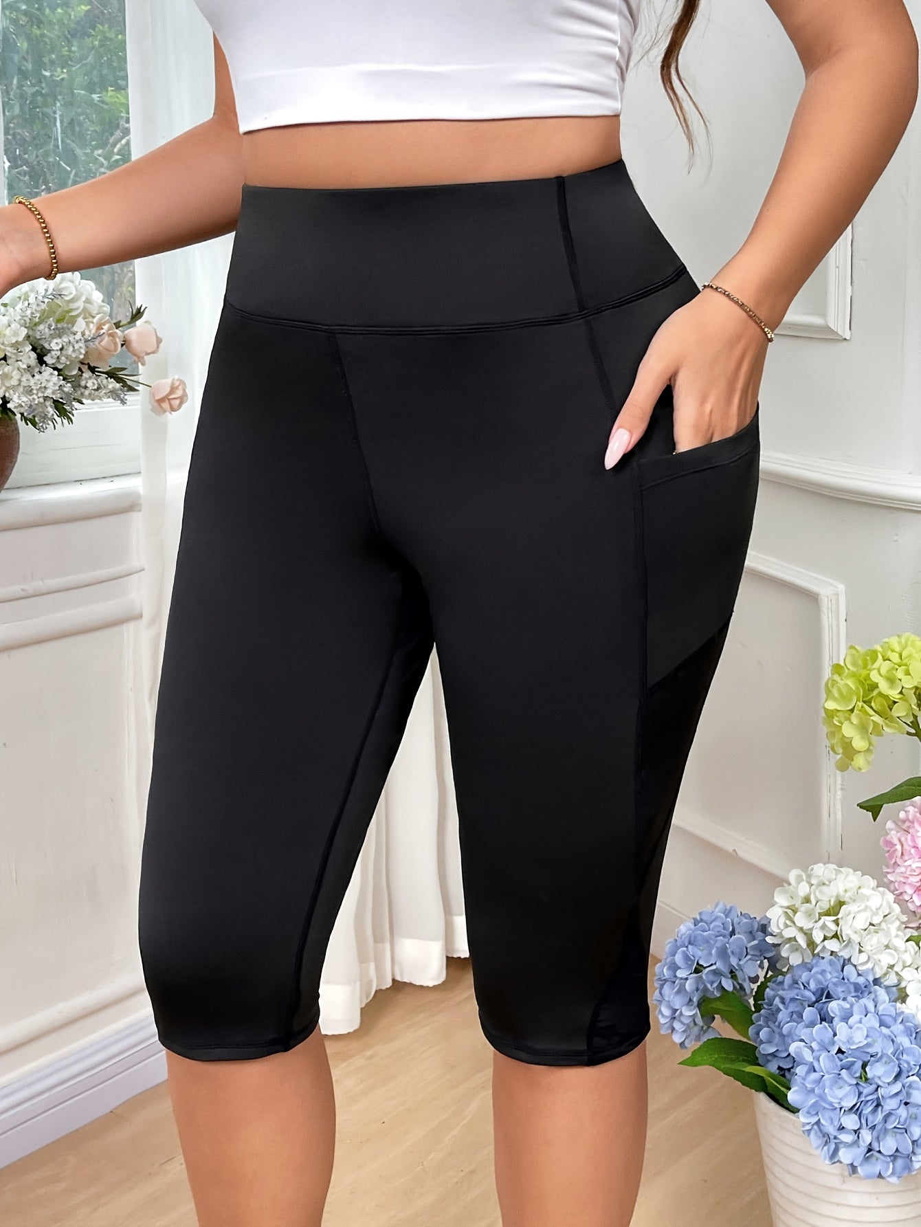 Women's High-Waist Stretchy Yoga Shorts with Mesh Pockets Capri Sportswear