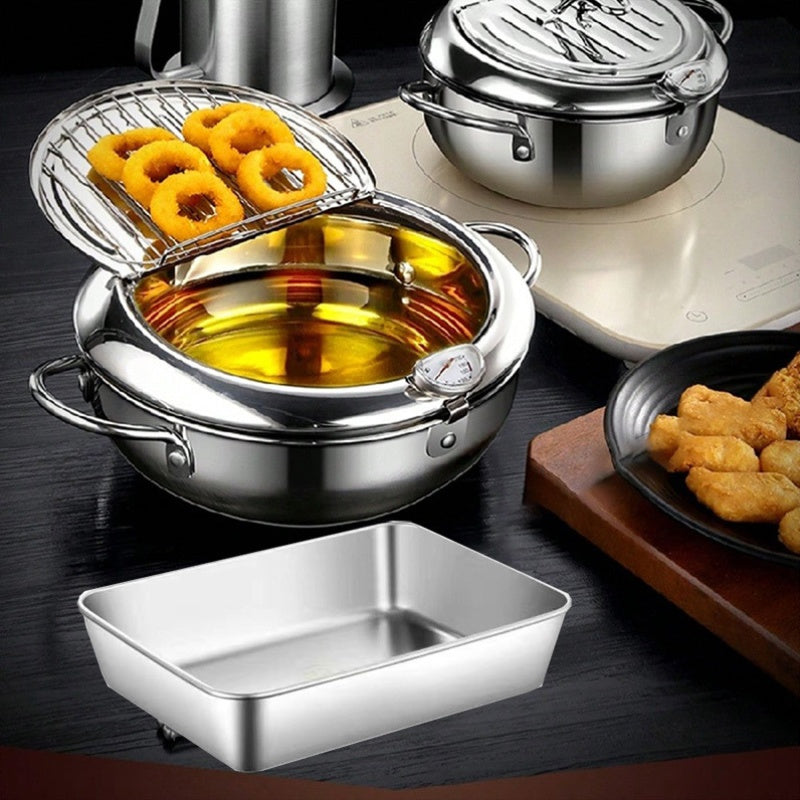1 ta Stainless Steel Fryer, haroratni boshqarish, yog' tomchilari filtri rack, qopqoq va 2 ta plastinka bilan. Gaz pechlari va induksiya pechlari uchun mos, fransuz kartoshkasi, tovuq va boshqalarni qovurish uchun ideal.
