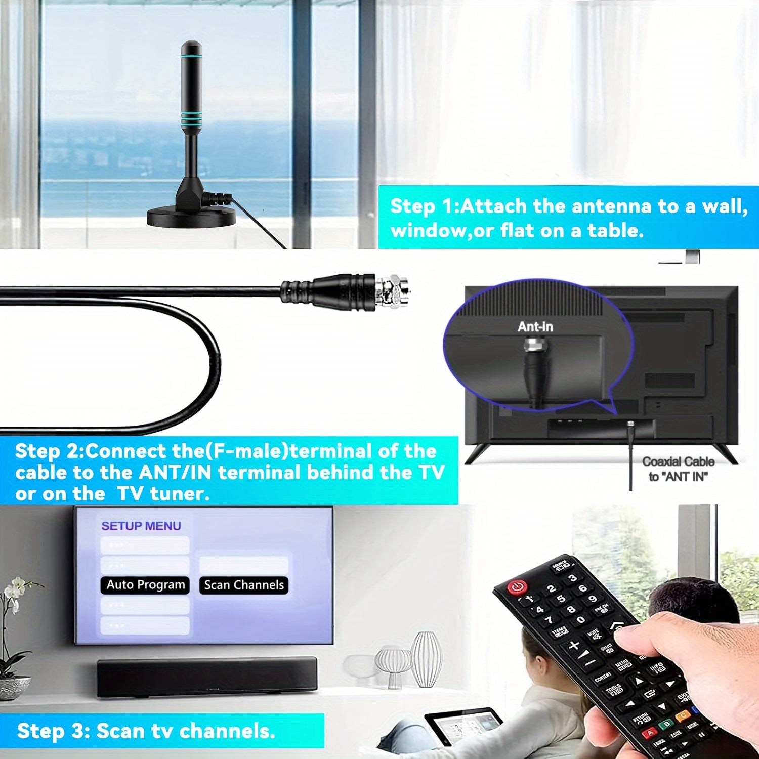 Indoor Digital HD TV Antenna for 4K 1080p Smart and Older TVs USB Powered