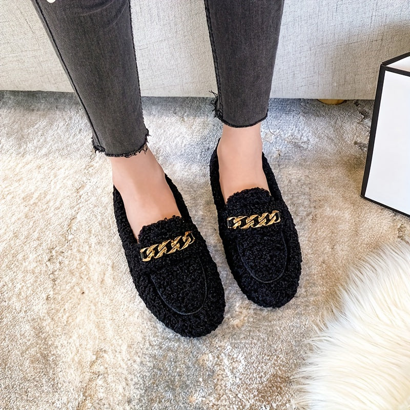 Women's Cozy Slip-On Winter Shoes with Golden Chain Black Beige Indoor Outdoor