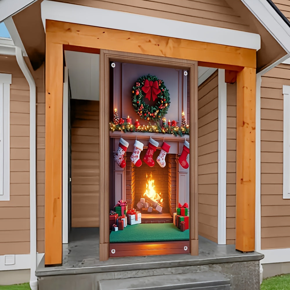 Multi-Functional Christmas Fireplace Door Cover Polyester Festive Decor