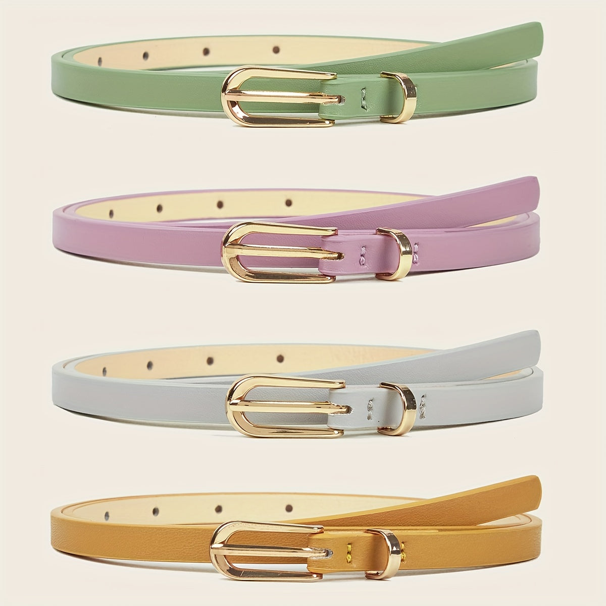 Kundalik kiyim uchun to'rt nafar ayollar uchun PU kamar to'plami, yupqa pin buckli bilan, bir nechta ranglarda