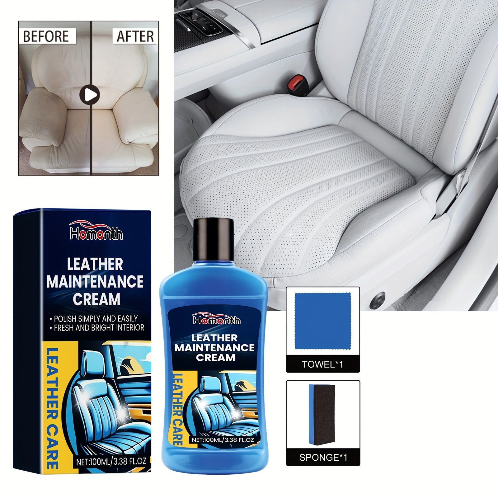 Крем для ухода за кожаными автомобильными сиденьями, диванами, полироль, очиститель от пятен, ремонт