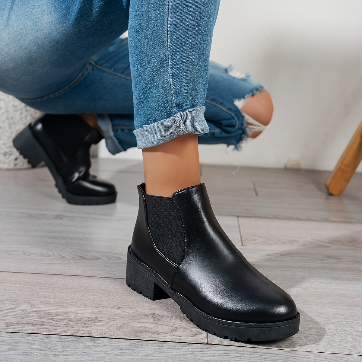 Women's Slip-On Mid-Heel Boots Black Cushioned Insole All-Season