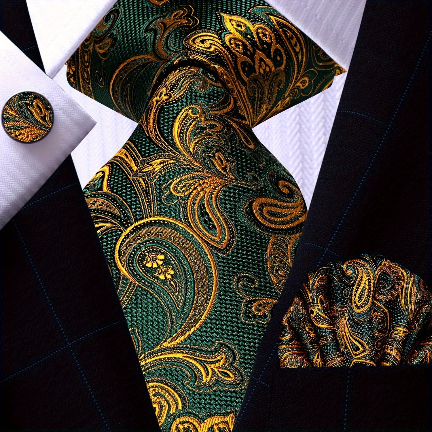 Men's Gold Accessories Set Tie Pocket Square Cufflinks for Weddings Business