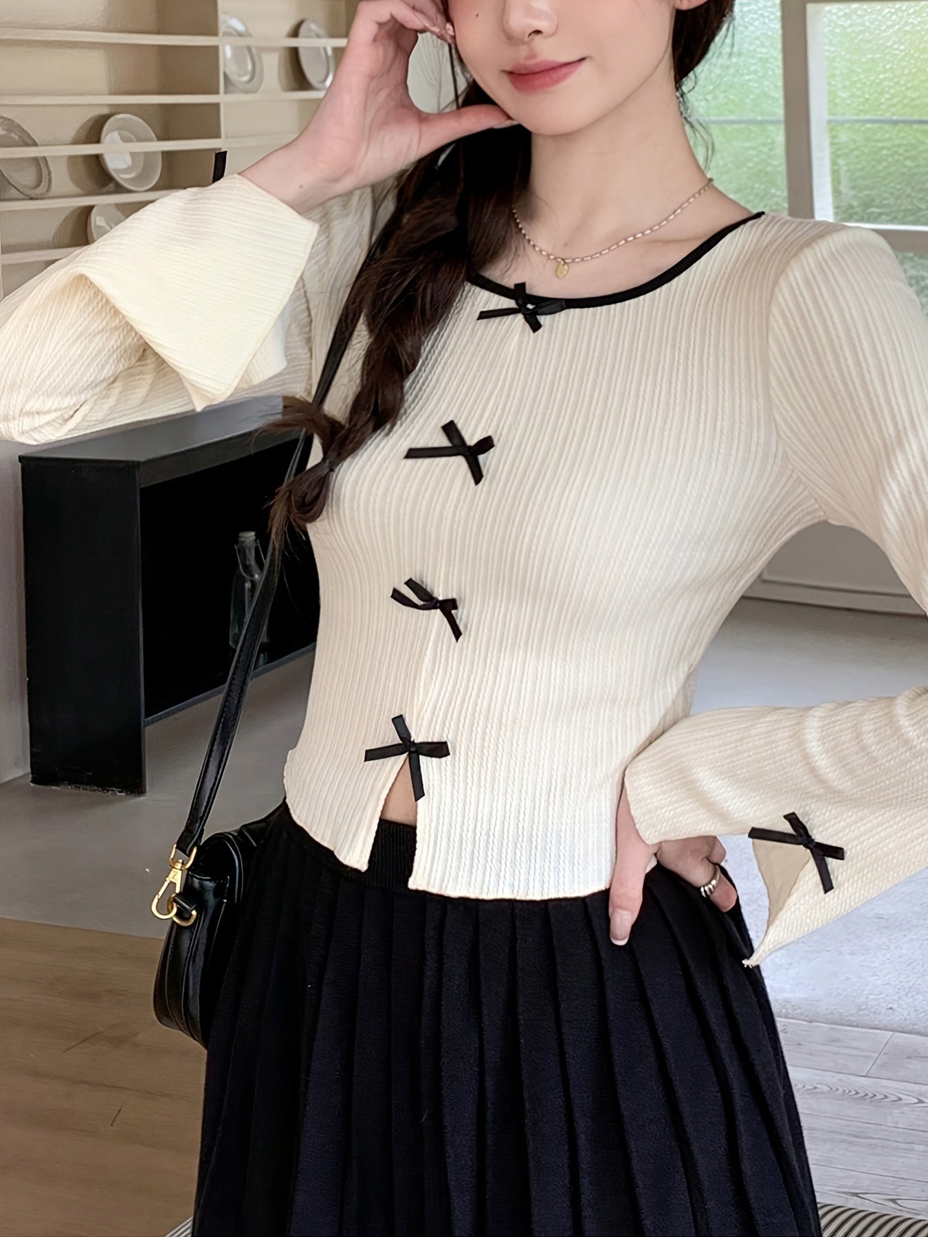 Women's Long Sleeve T-Shirt with Bow Detail and Crew Neck in Polyester Blend