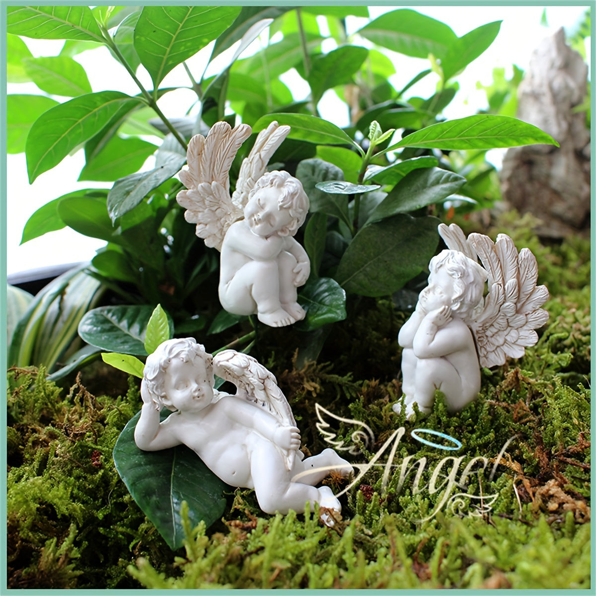 Set of 5 White Resin Angel Garden Statues for Outdoor Potted Plants and Fairy Gardens