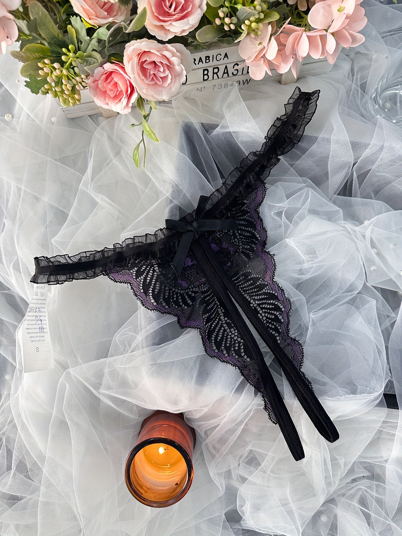 Women's Low Waist Lace Panties with Open Crotch and Charm Design