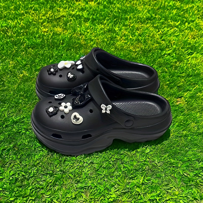 Женские пляжные туфли EVA с толстой подошвой, цветочные, черные и белые, комфортные для лета