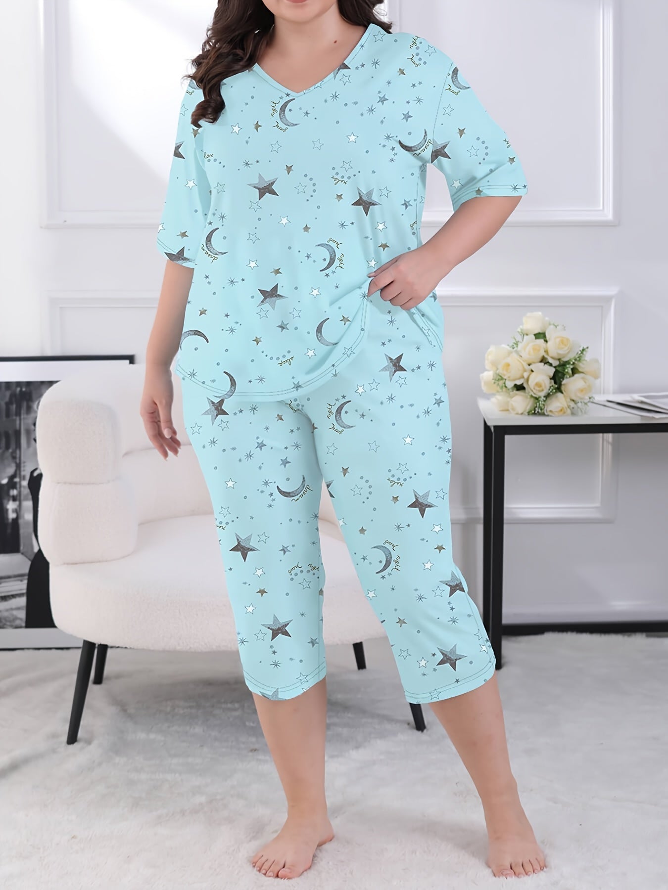 Women's Casual Cotton Short Sleeve Pants Set Large Size