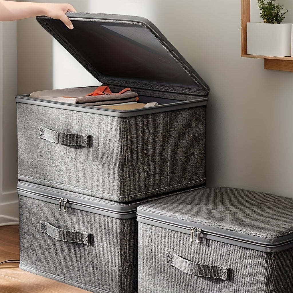 Large Gray Stackable Storage Box with Herringbone Pattern for Closet, Bedroom, Kitchen