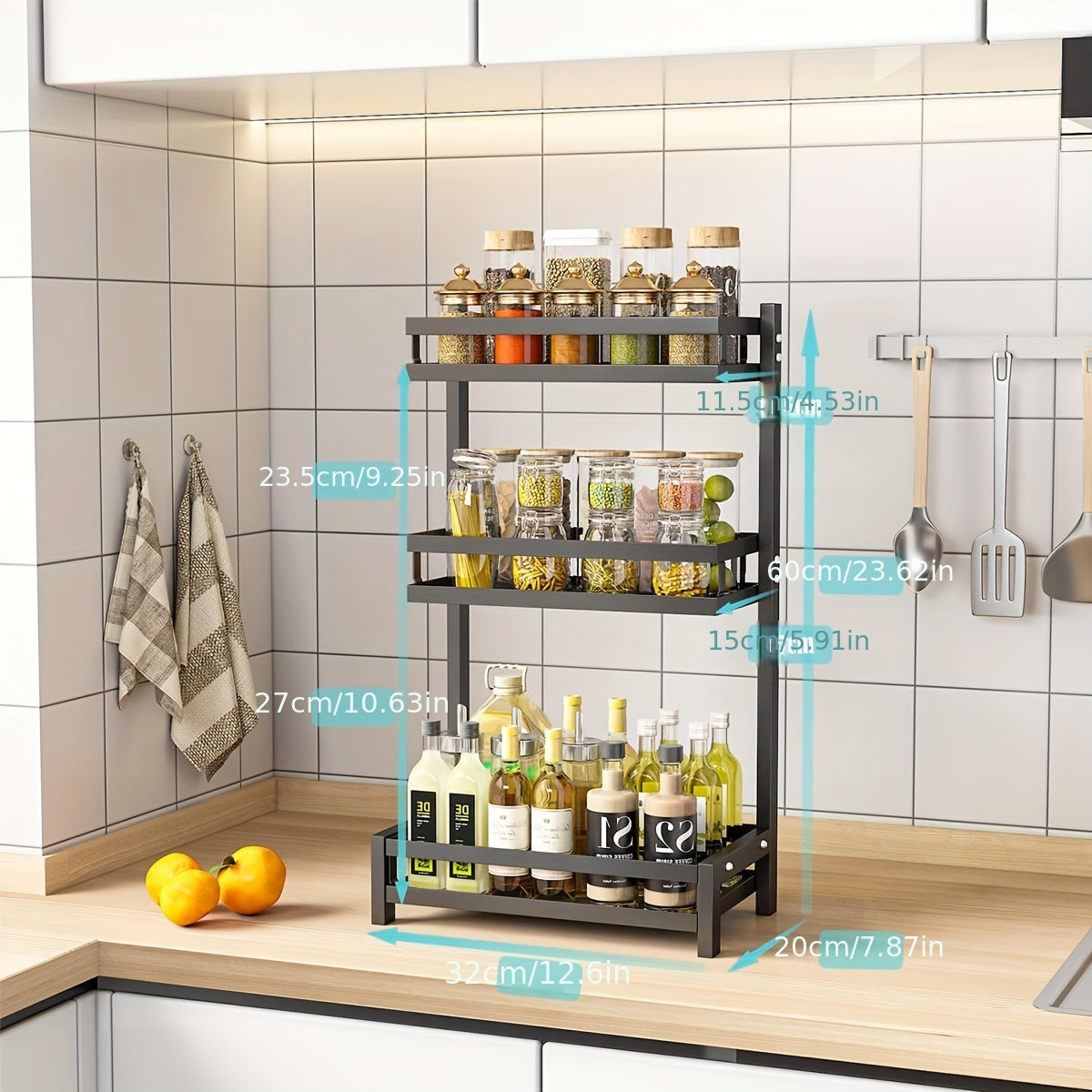 Black Stainless Steel Countertop Spice Rack with 3 Tiers for Jars and Bottles