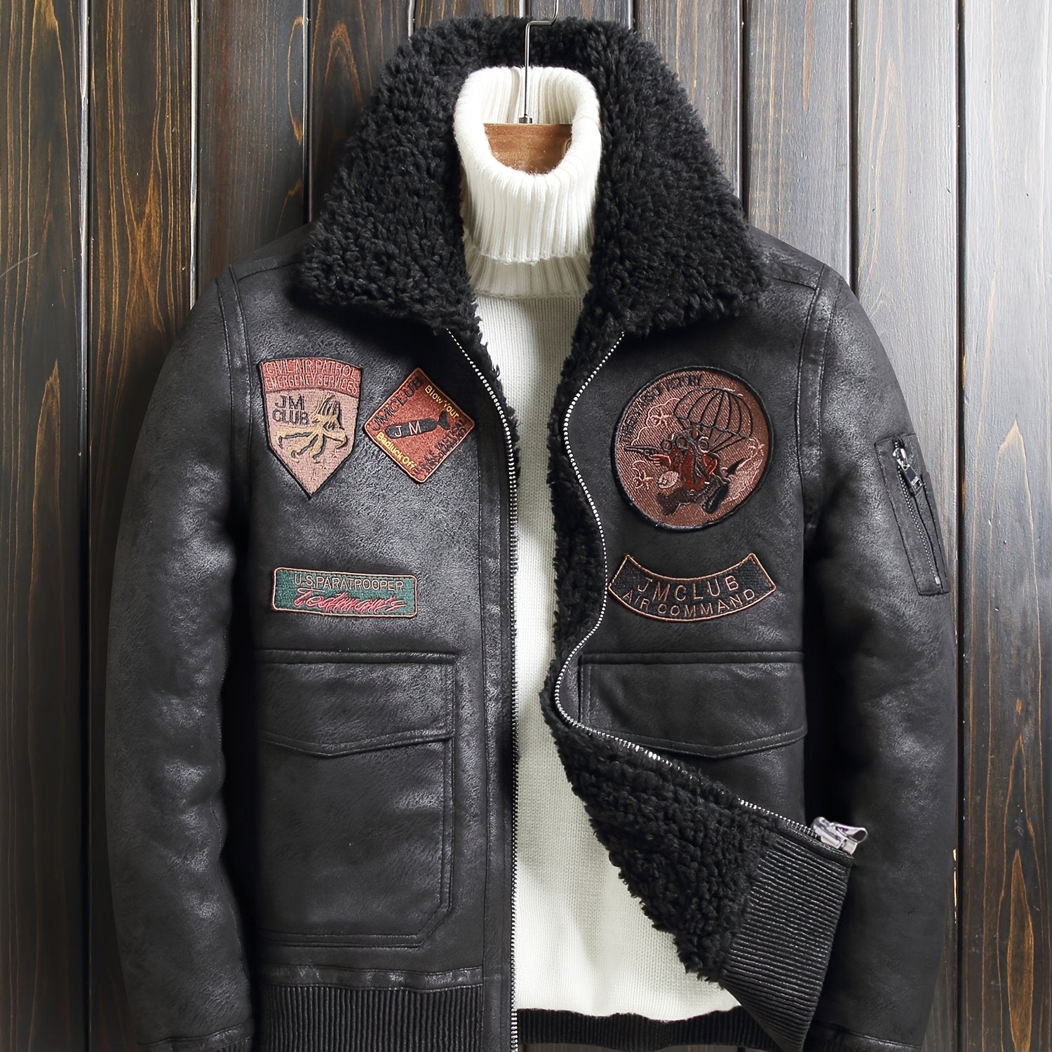 Men's Faux Fur Lined Biker Jacket with Applique Air Force Style Zipper Closure Fall Winter