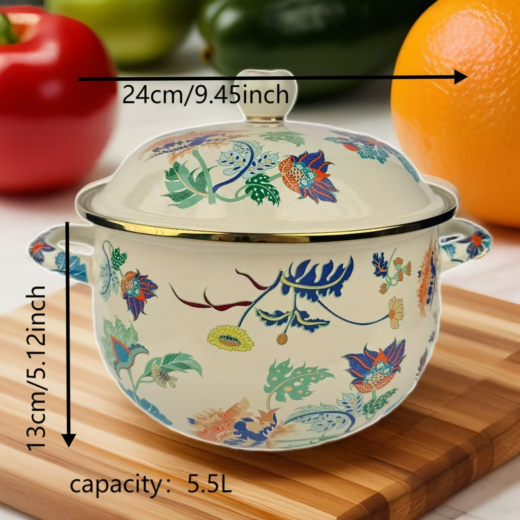 Enamel Soup Pot with Rose Ceramic Lid, Dual Handles, Dual-Tone Coating