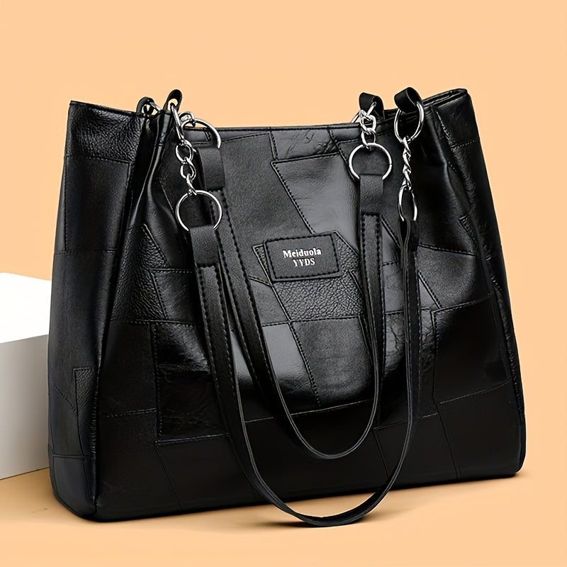 Black Quilted Faux Leather Tote Bag with Chain Strap for Travel and Shopping