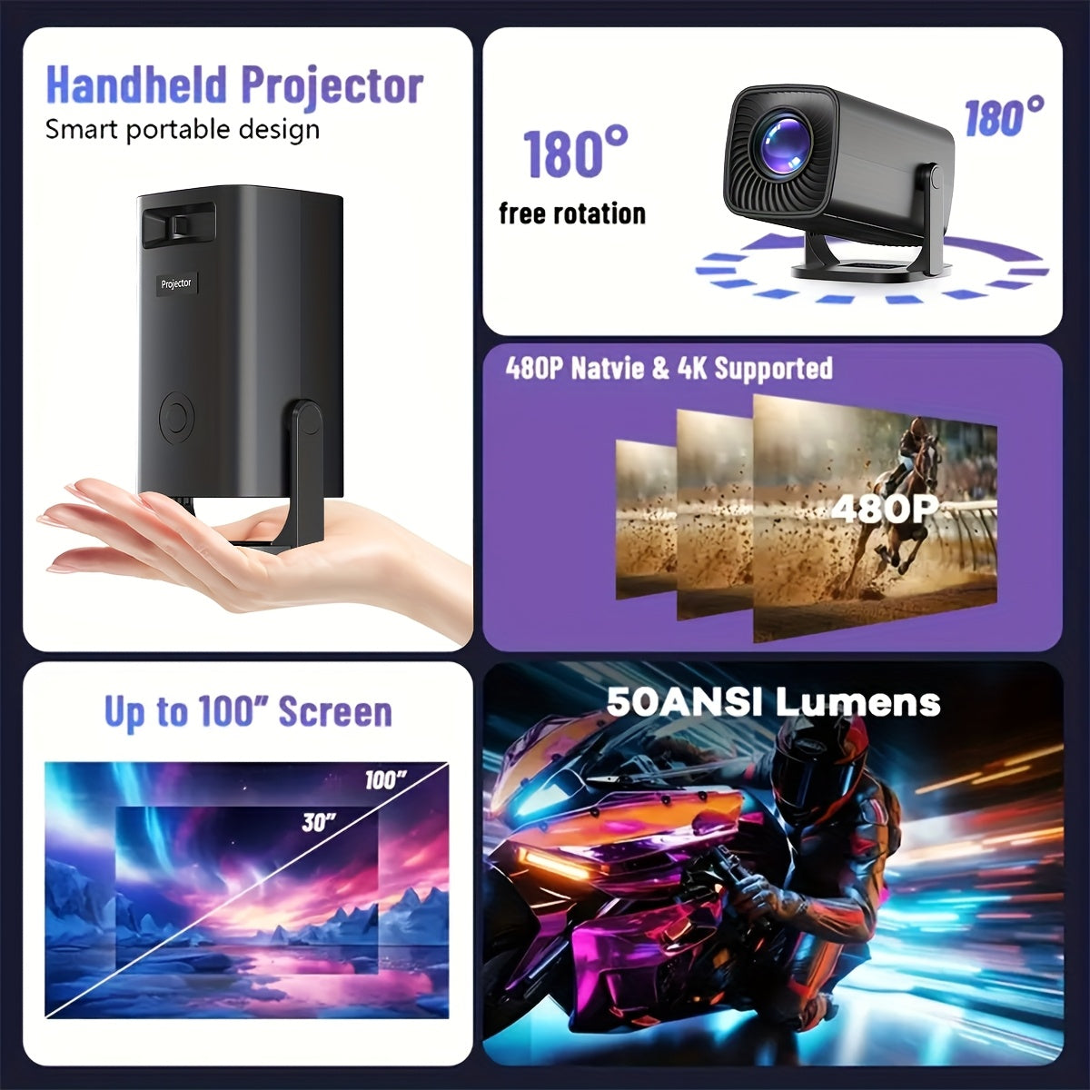 Uy kinoteatri uchun portativ qora smart HD proyektor 1080P USB-ni qo'llab-quvvatlaydi