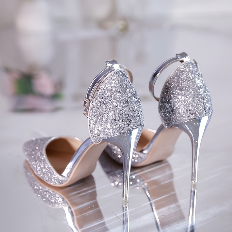 Women Silver Sequin Pointed Toe Stiletto Heels Elegant Party Wedding Shoes