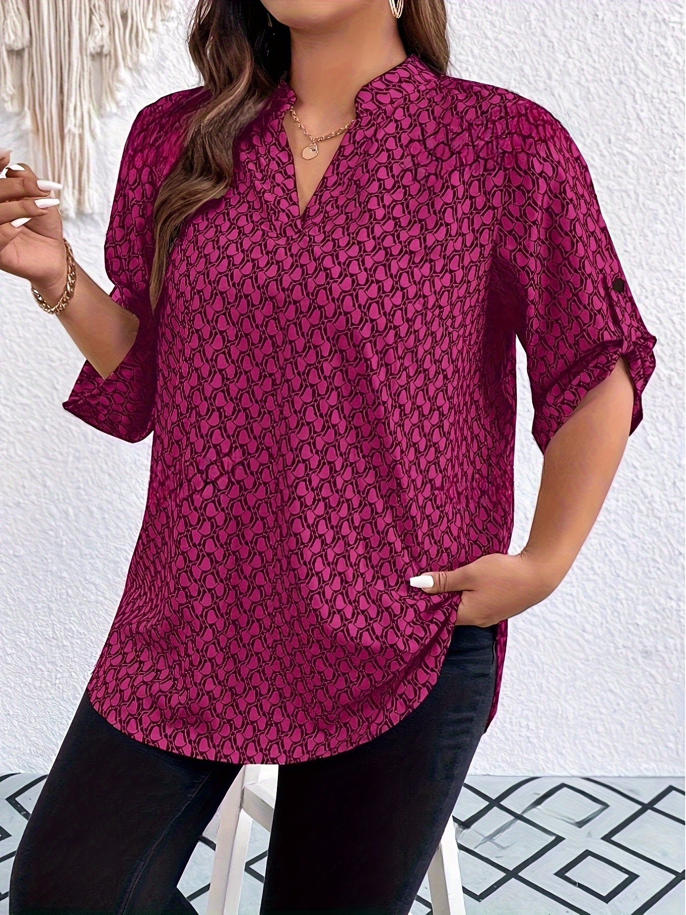Ladies Print Blouse with Notched V-Neck Rolled Sleeves Casual Formal Wear