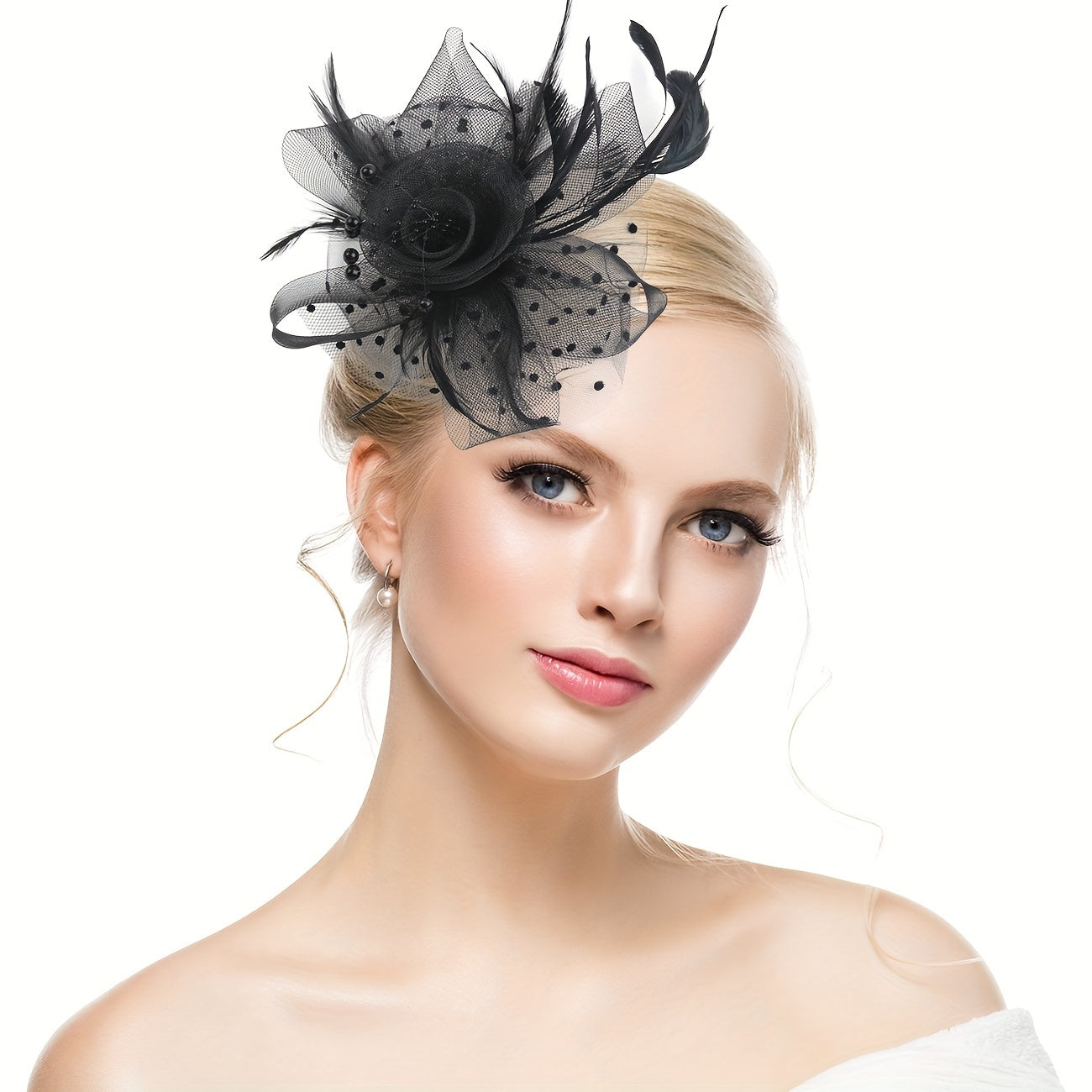 Fake Feather Fascinator Hat with Netted Tulle Hair Clip for Formal Events
