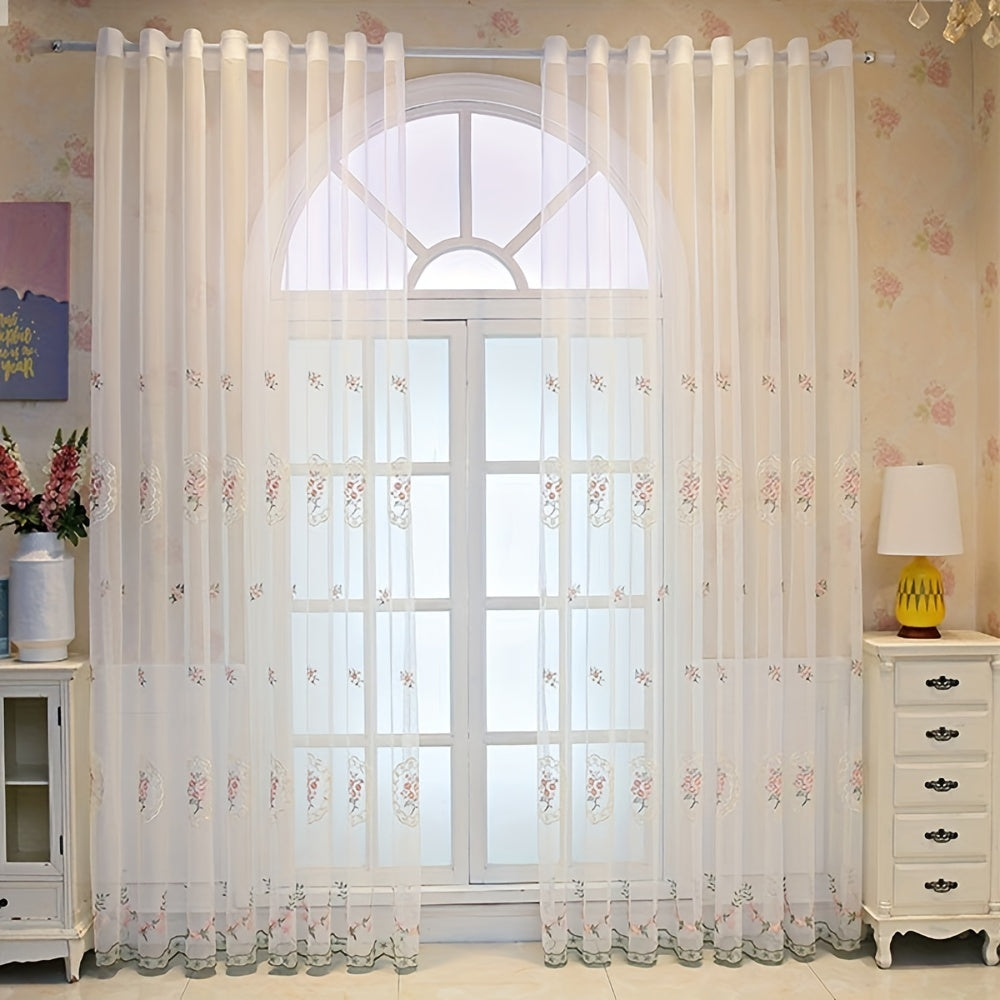 Pink Lace Sheer Curtains with Embroidered Floral Details for Living Room