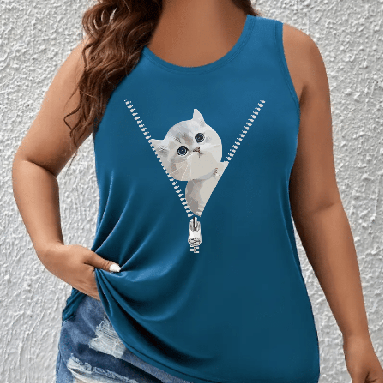 Women's Plus Size Off-The-Shoulder Sleeveless Top with Cat Print Breathable Fabric