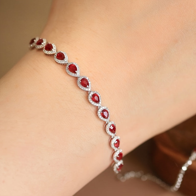Sterling Silver Bracelet with Red Synthetic Gemstones Celestial Zirconia Mosaic Jewelry