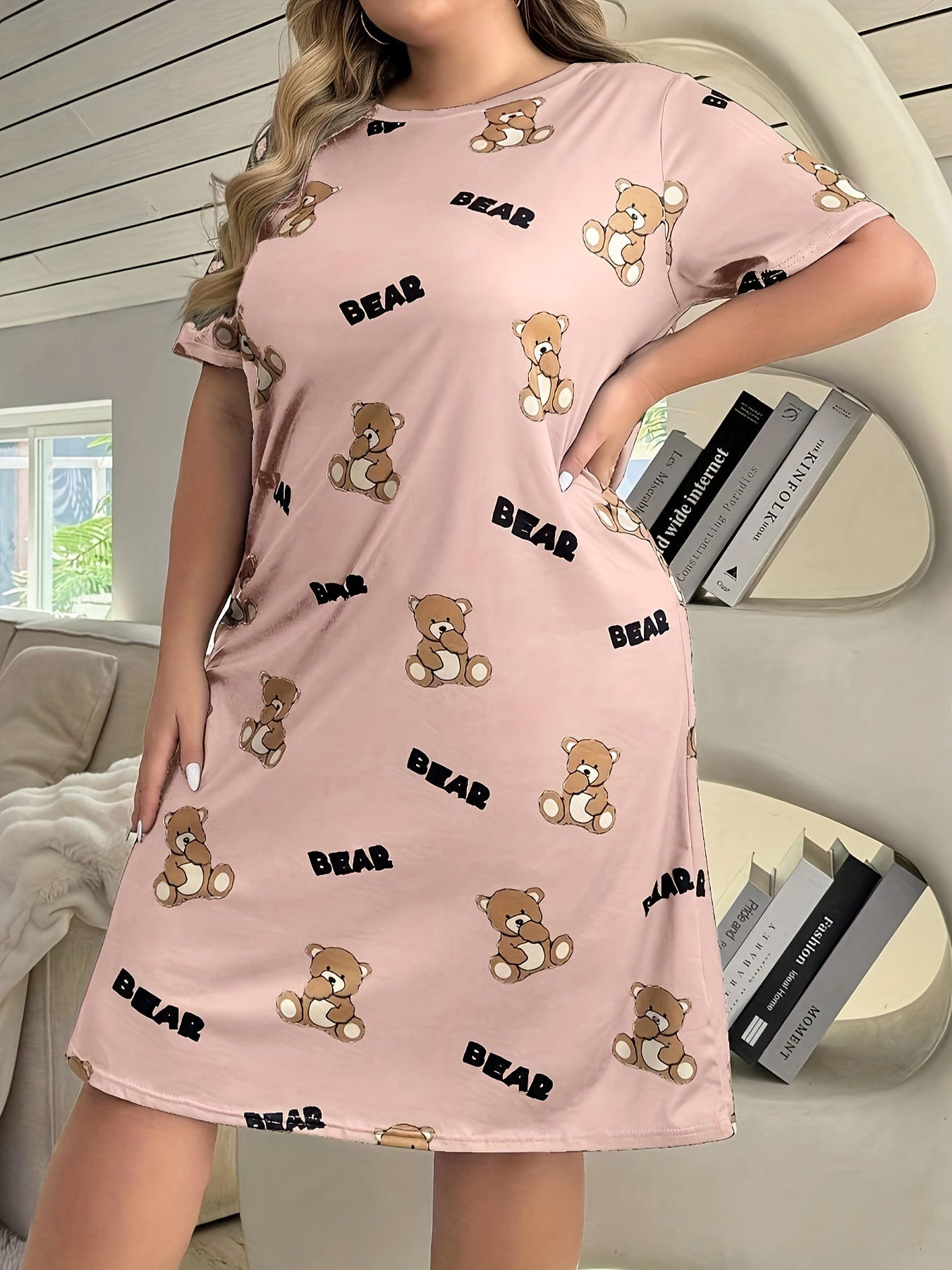 Camisón de dormir con estampado geométrico retro para mujer de tallas grandes, vestido de descanso con mangas cortas
