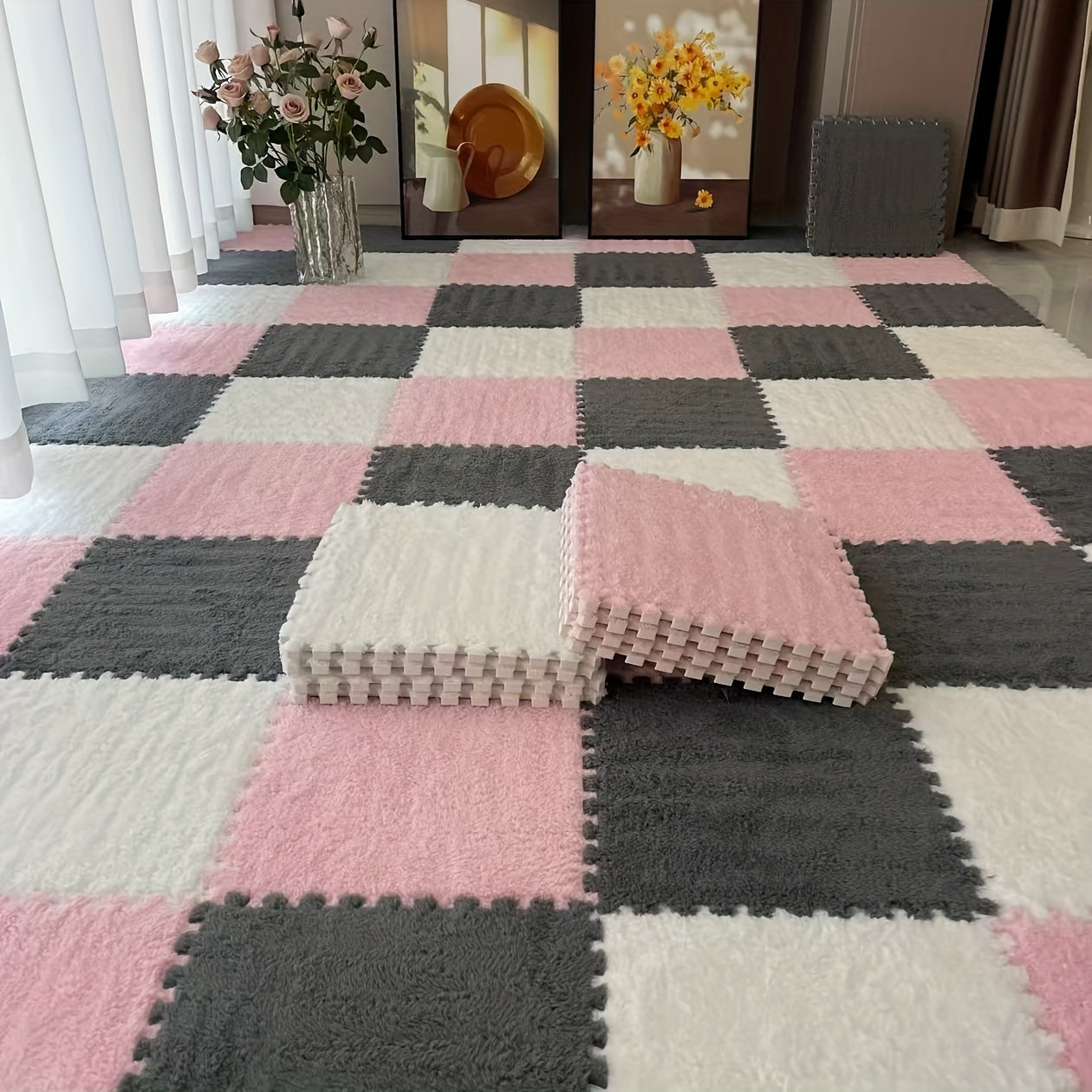36pcs Floral Pattern Room Rug Set Lightweight Washable Braided Carpet Tiles Low Pile Soundproof Floor Mats for Living Room Bedroom