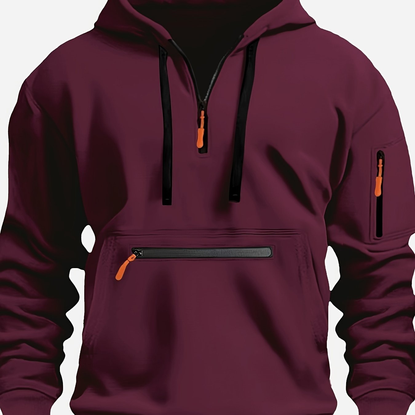 Men's Solid Color Polyester Half-Zip Hoodie with Kangaroo Pocket for Fall Winter