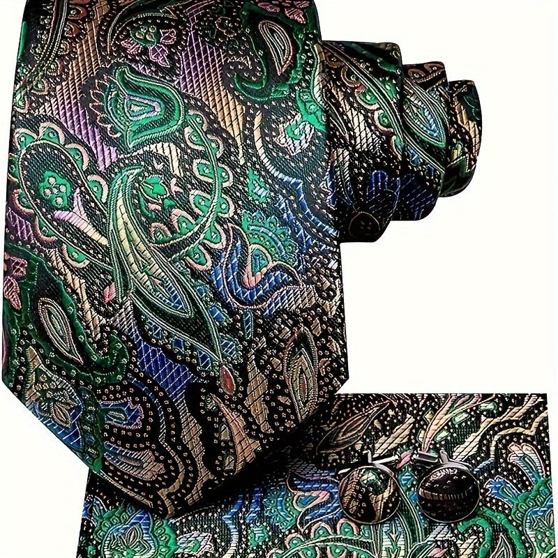 Men's Classic Striped Necktie Set with Handkerchief and Cufflinks for Business Parties