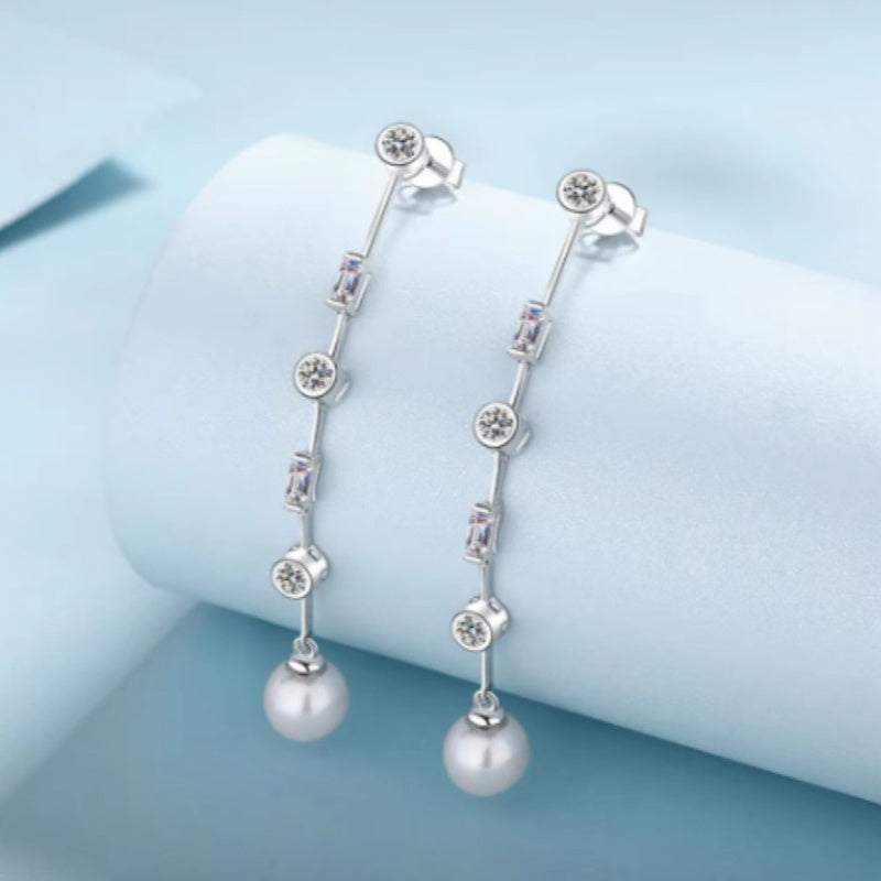 Sterling Silver Long Earrings with Freshwater Pearl Drops for Women