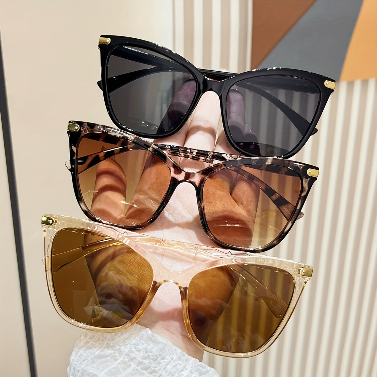 Three Pairs Retro Cat Eye Glasses with Rice Nail Design for Driving and Street Fashion