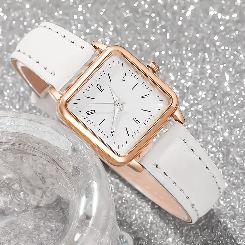 Set of 5 Women's Square Quartz Watches with Faux Leather Straps and Electronic Movement