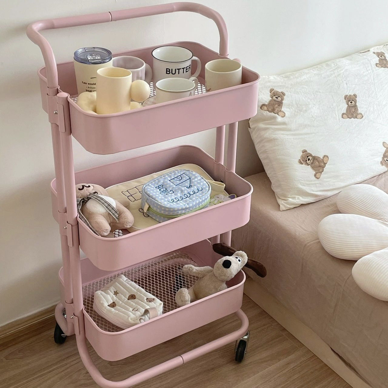 Pink Metal 3-Tier Storage Cart on Wheels for Kitchen and Living Room