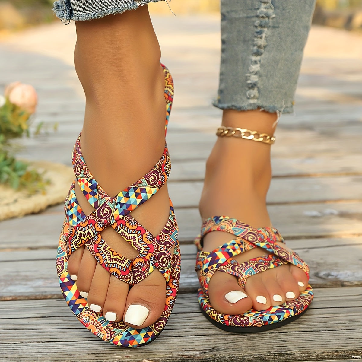Women's Bohemian Floral Flat Sandals Open Toe Rubber Sole Summer Casual