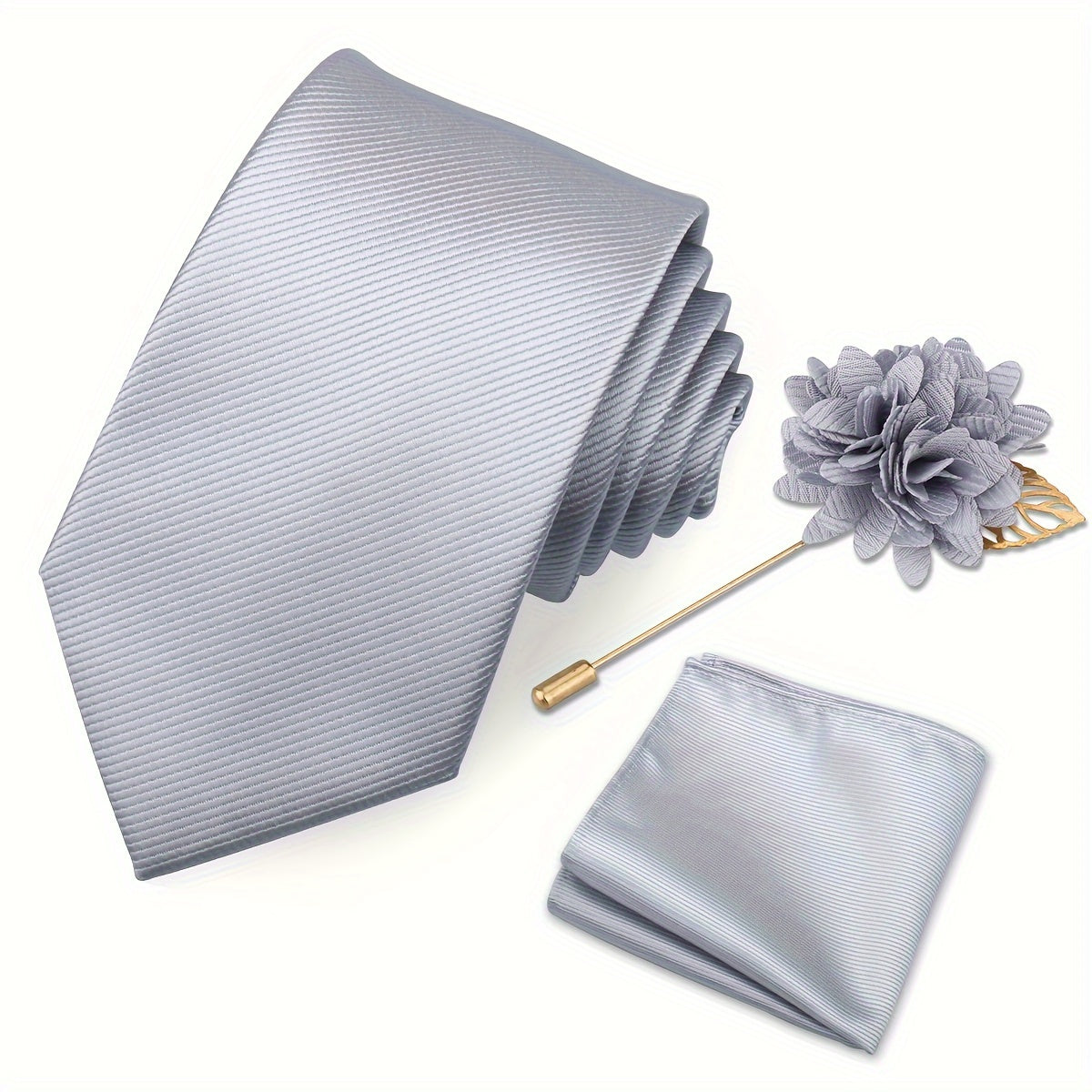 Men's Tie Set with Pocket Towel and Brooch, Classic Striped Plain Design