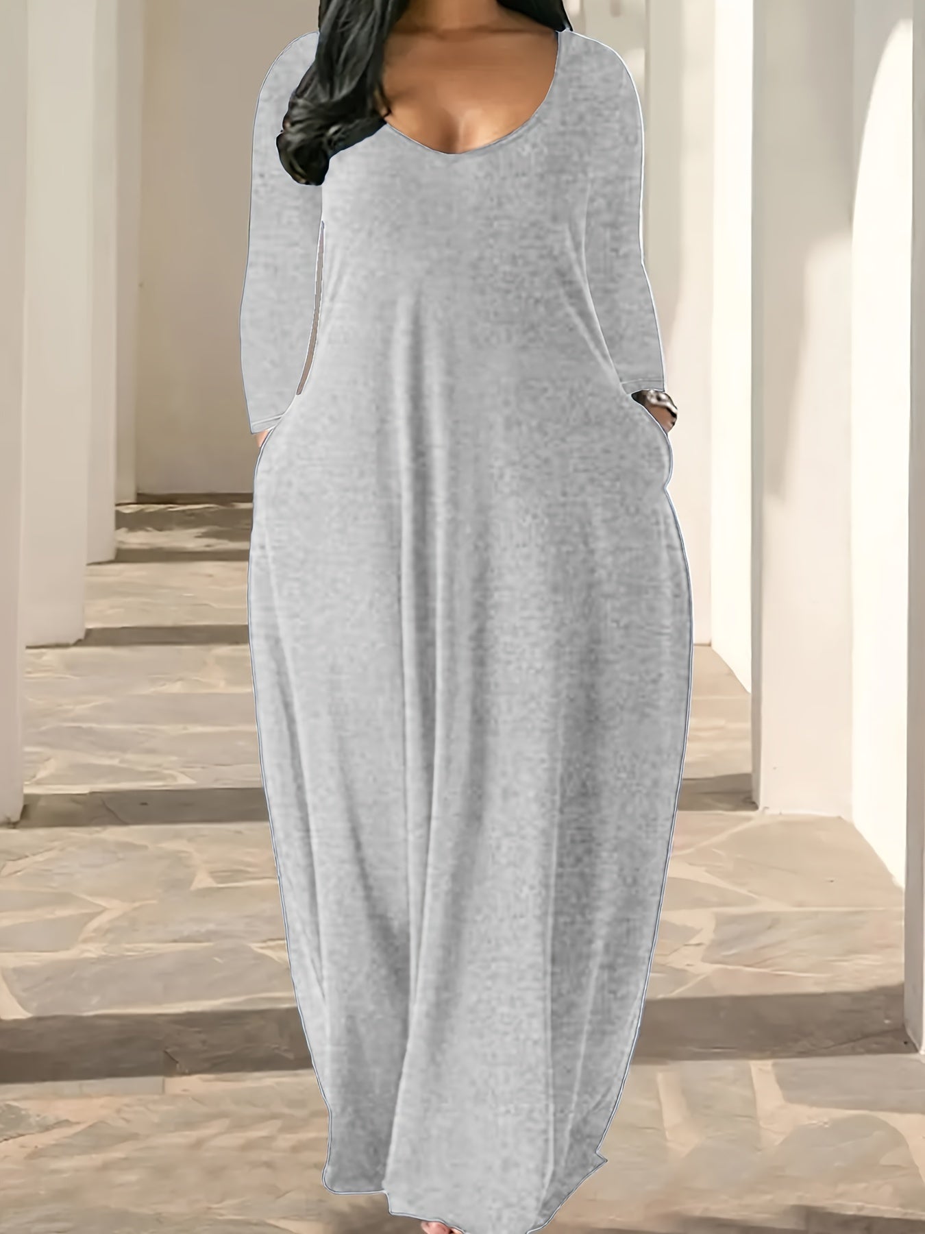 Plus Size Solid Color Maxi Dress with V Neck Long Sleeves Pockets
