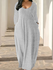 Plus Size Solid Color Maxi Dress with V Neck Long Sleeves Pockets