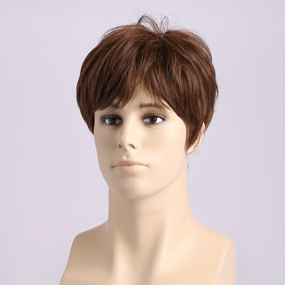 Short Curly Brown Wig for Men with Side Bangs, Heat Resistant Synthetic Fiber