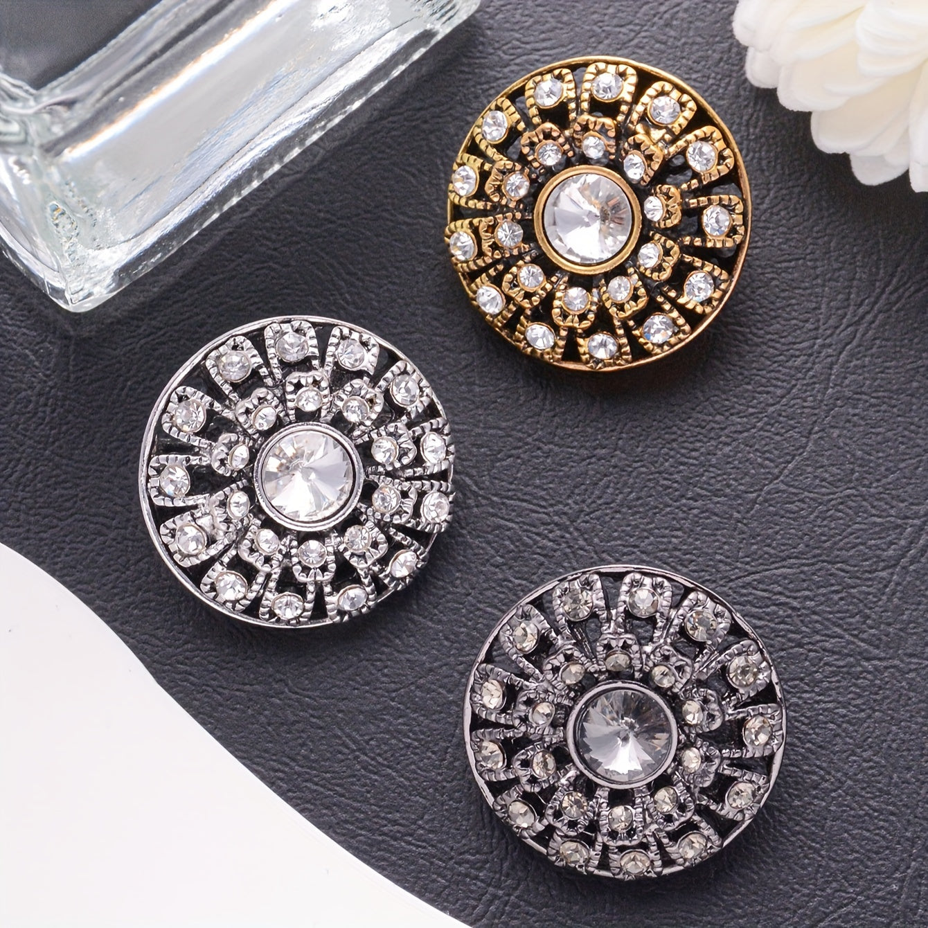 Set of 5 Vintage Round Rhinestone Buttons for Sweaters, Blazers, Coats