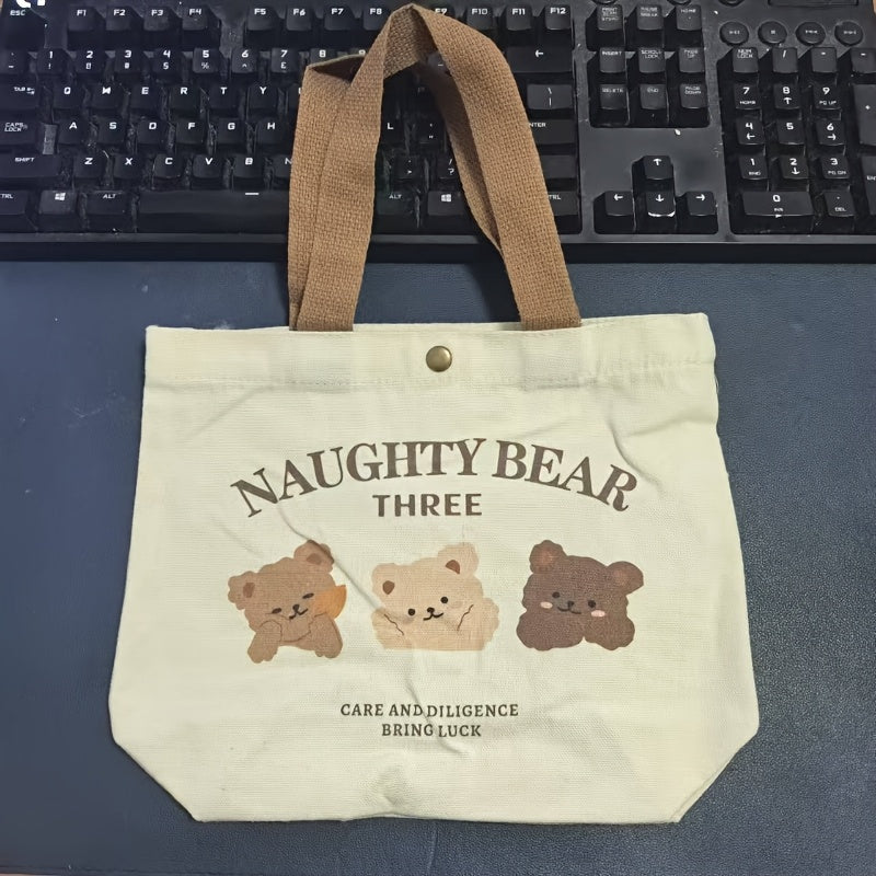 Bear Print Canvas Handbag Lunch Box Storage Bag for Outings