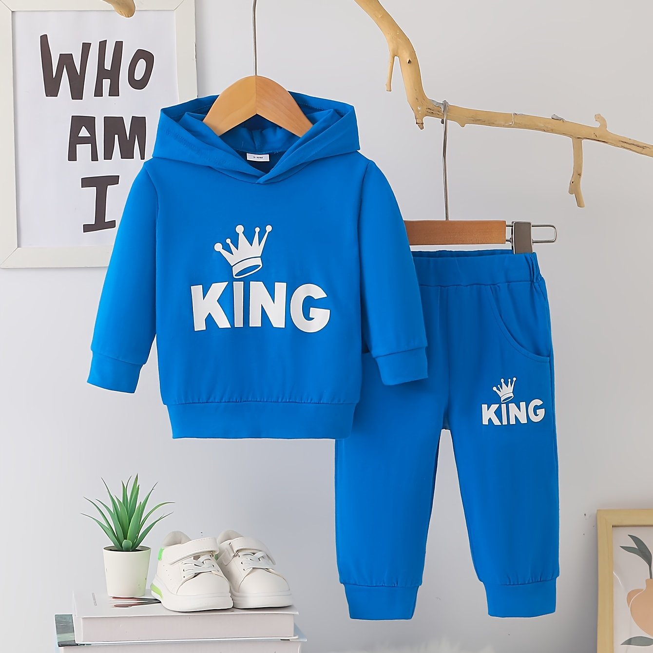 Baby Boy's Casual Outfit Set Cotton Hooded Sweatshirt and Pants with KING Print