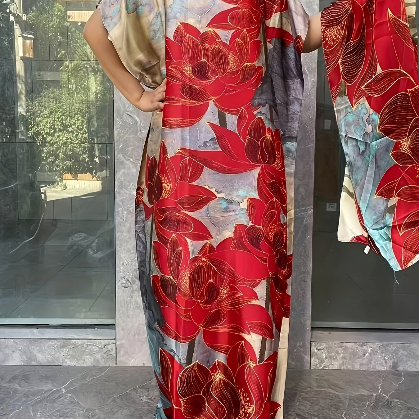 Plus Size Floral Longline Dress Short Sleeve Crew Neck Summer Clothing