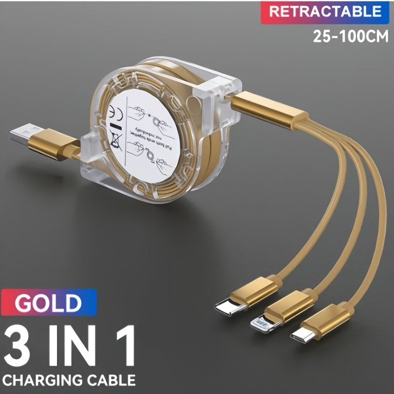 3-in-1 Mobile Charging Cable for iPhone Type-C Micro B Flat Glossy PVC