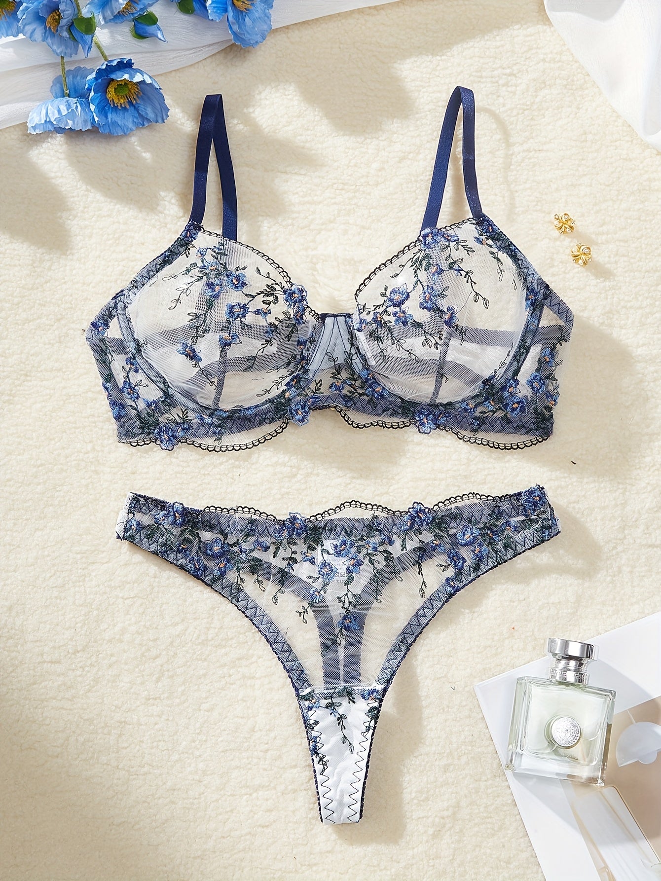 Women's Flower Design Lingerie Set with Semi-Sheer Mesh Bra and Thong