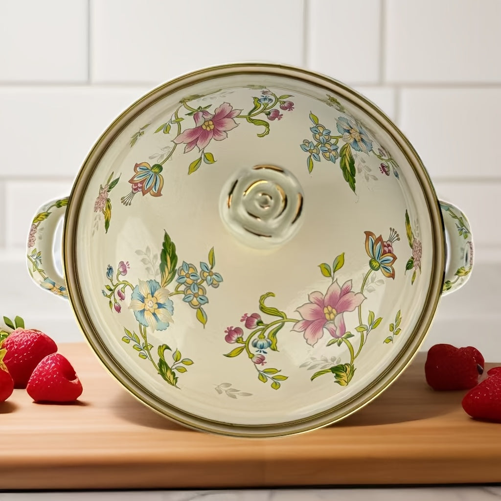 Enamel Soup Pot with Rose Ceramic Lid, Dual Handles, Dual-Tone Coating
