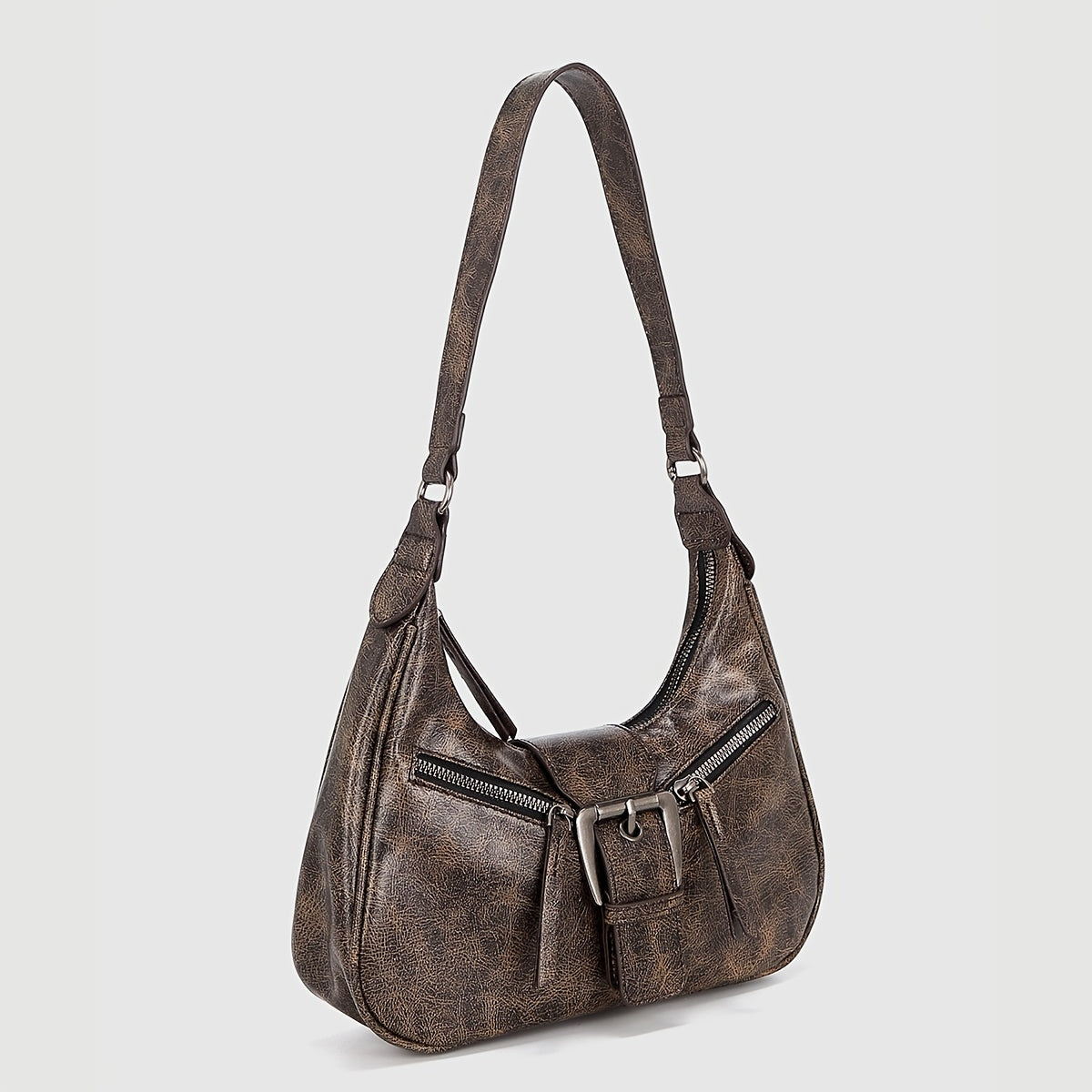 Y2K Punk uslubidagi vintage mototsikl yelka sumkasi ayollar uchun, qora kulrang sintetik charm, sozlanadigan tasma va zip yopilishi bilan