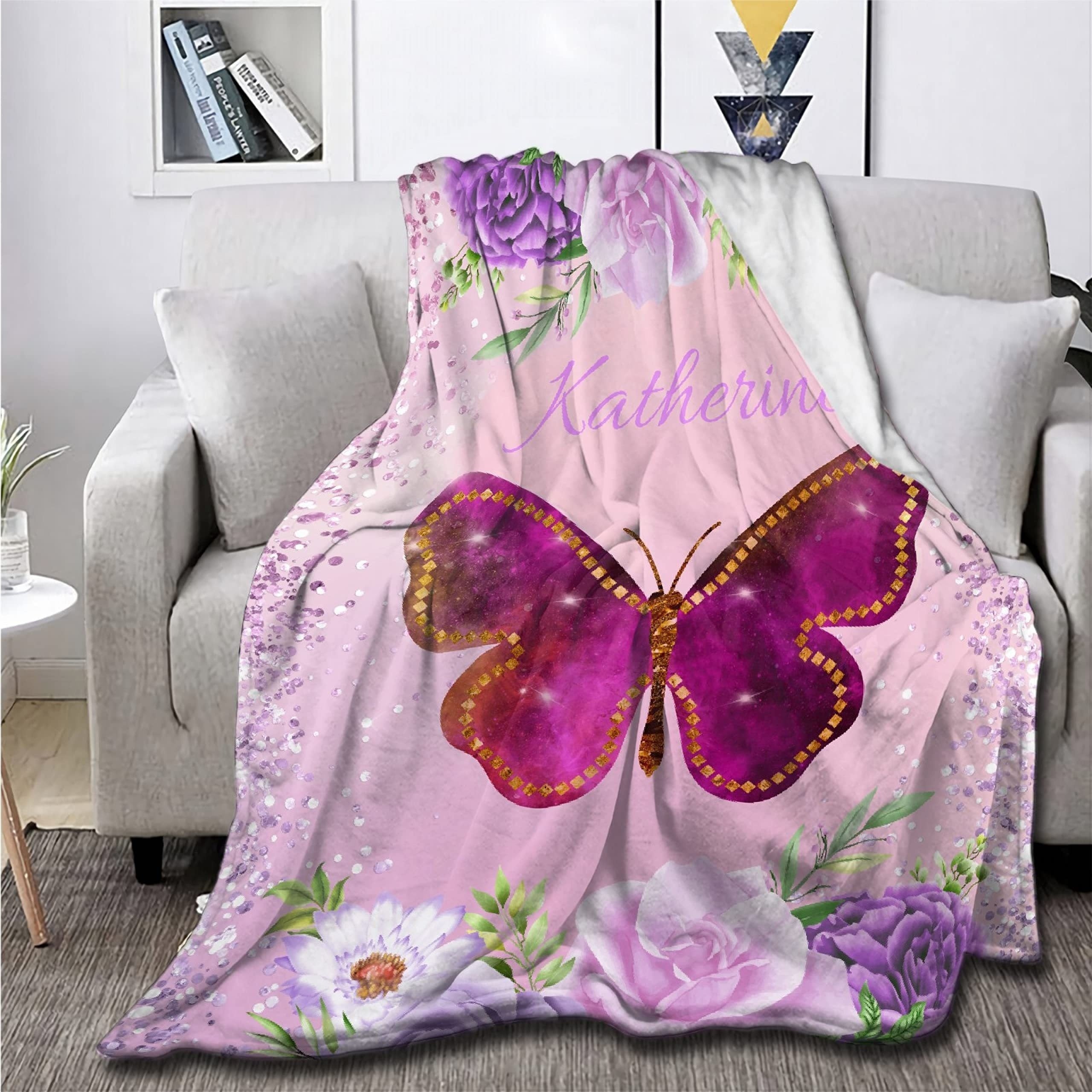 Personalized Butterfly Floral Print Flannel Blanket Hypoallergenic Cozy for All Seasons