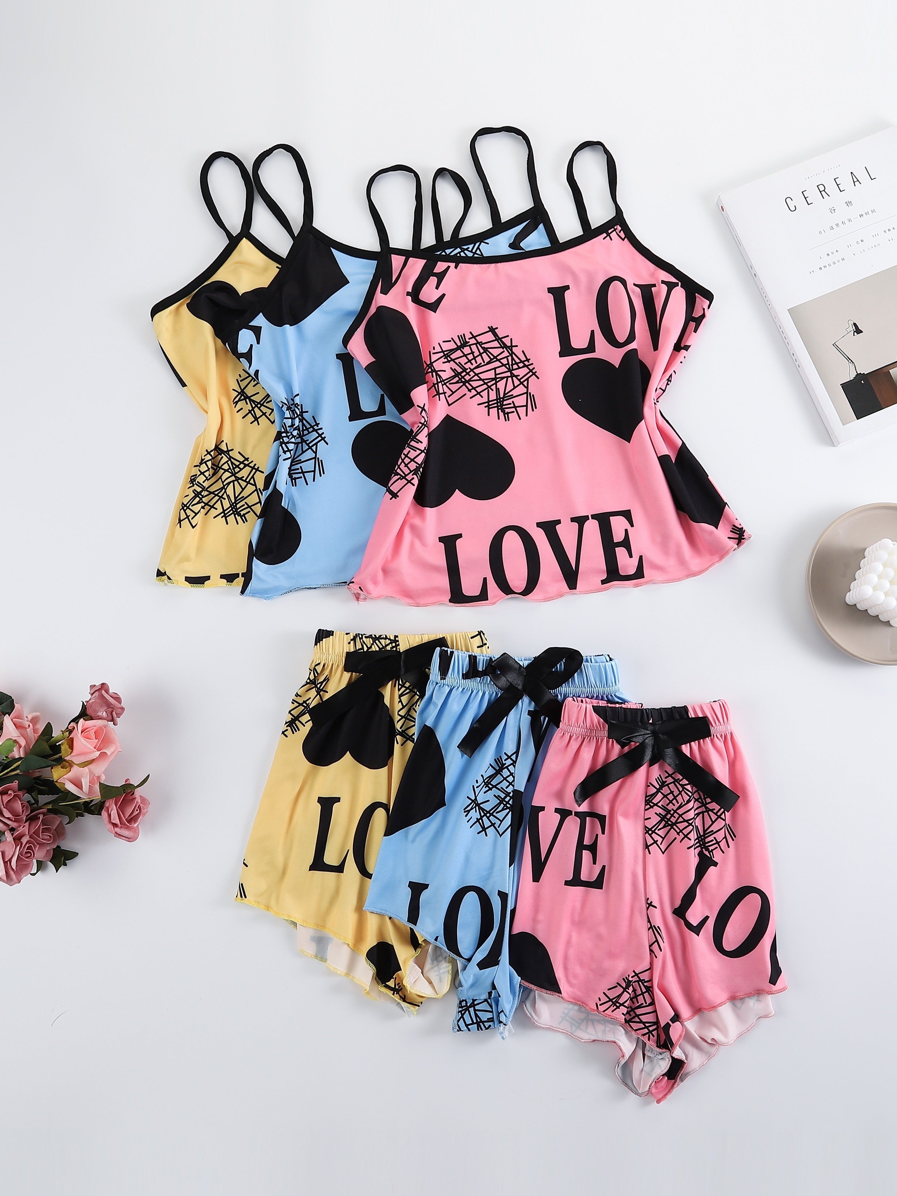Women's Heart Print Pajama Set with Cami Top and Elastic Waist Shorts