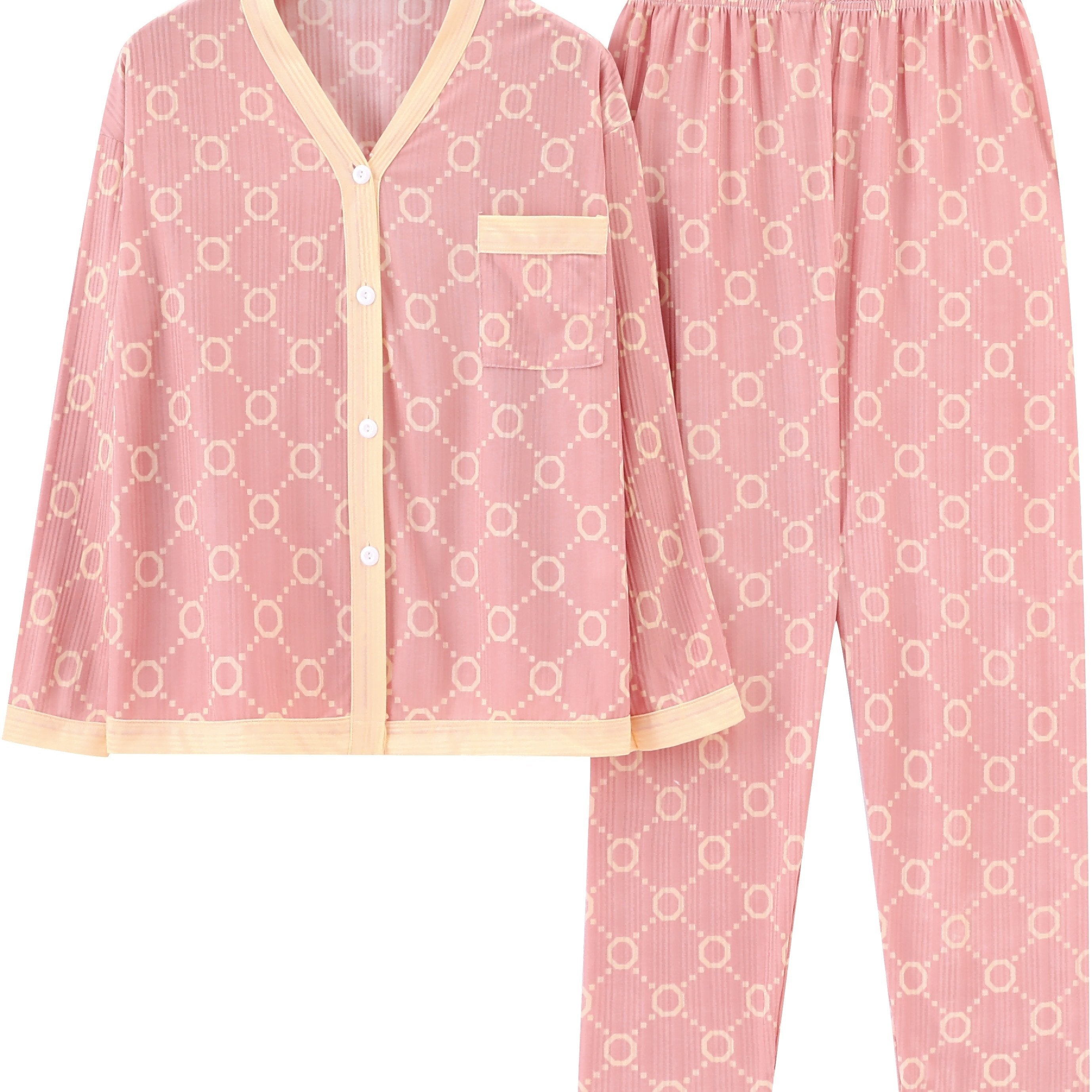 Pink Spring and Autumn Pajama Set for Adults with Open Front and Long Sleeves